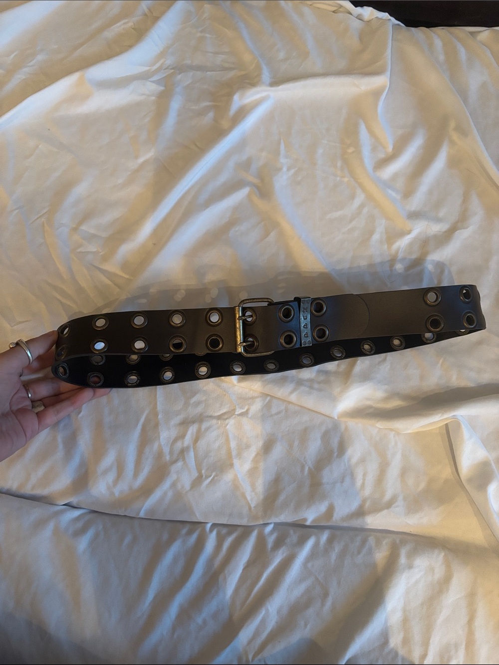 Vintage Y2K Mudd Genuine Leather Grommet Belt 5 Hip Hugger Neutral Brown Gold